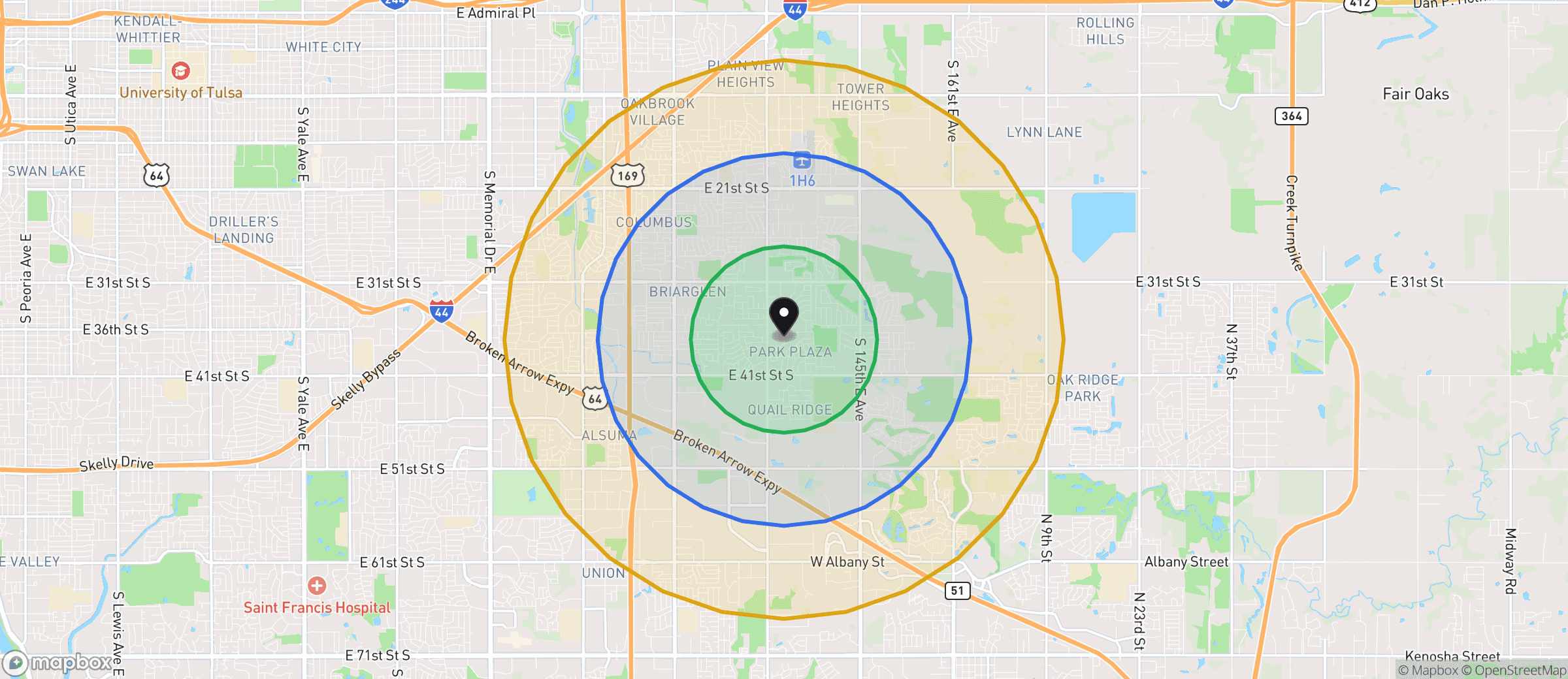Street map of Broken Arrow with translucent one, two, and three mile storm-routing tiers